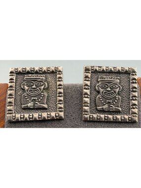 Vintage Cuff Links Aztec Style Sterling Silver Square Relief XRF Tested 3/4"